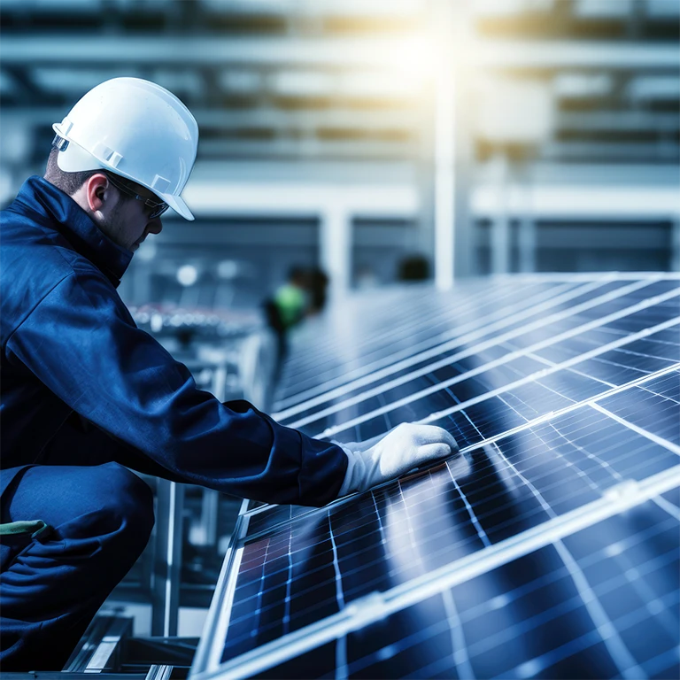 Worker wearing hardhat inspecting rows of solar panels