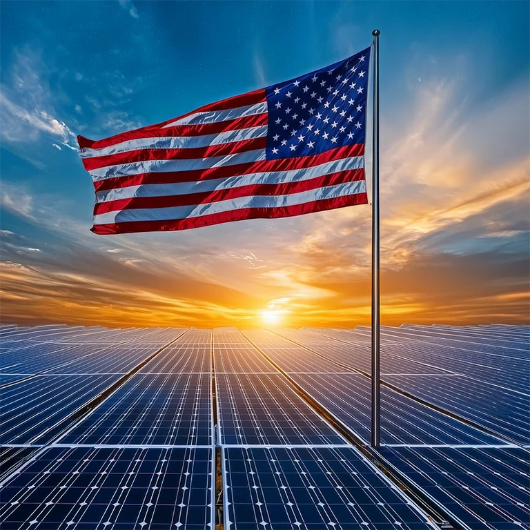 Flag of the United-States waving hover rows of solar panels ranging as far as the horizon
