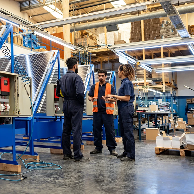 Employees having a discussion beside solar panels in warehouse